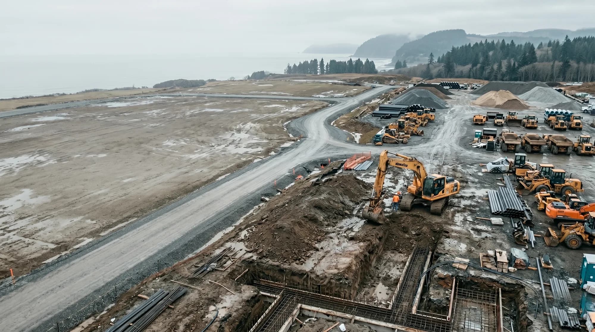 Excavator working a construction site at dusk